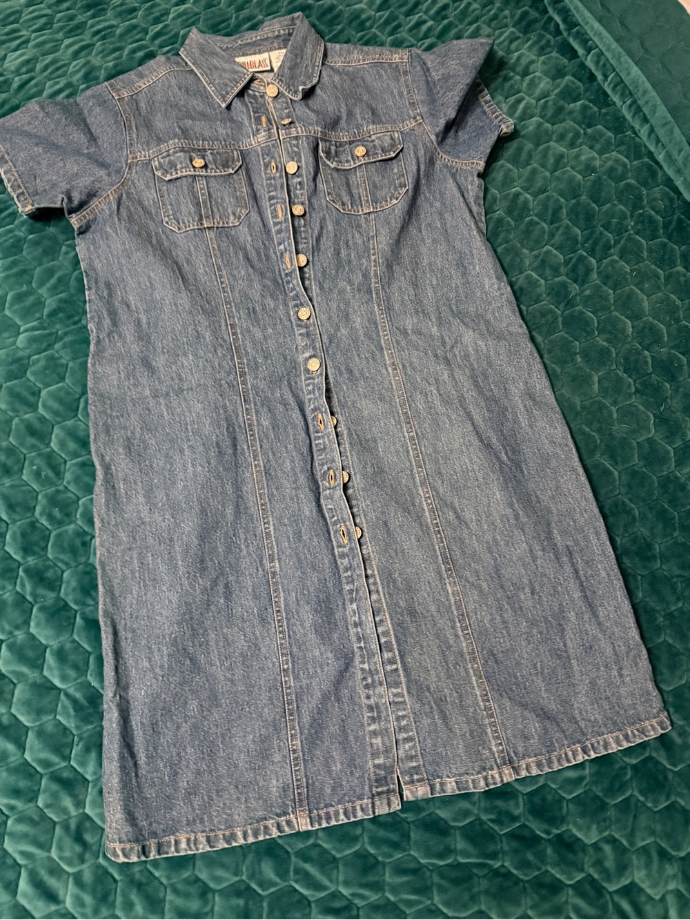 Vintage Bill Blass Denim Midi Dress Petite XL Medium Wash Blue Button Down